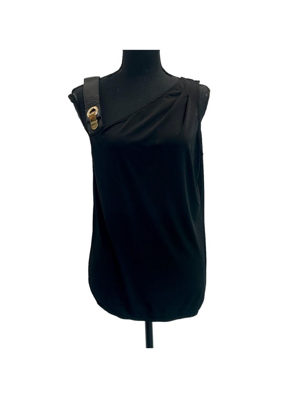 MICHAEL Michael Kors black asymmetrical shoulder faux leather strap blouse Sz M